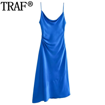 Yipinpay 2023 Satin Long Dress Women Summer Blue Slip Dress Woman Asymmetric Backless Sexy Party Dresses Elegant Evening Dresses